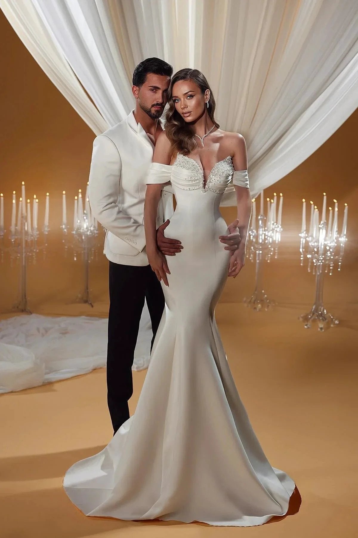 Charming Mermaid Off-the-shoulder Sleeveless Ruffles Satin Wedding Dresses (ZD15593)