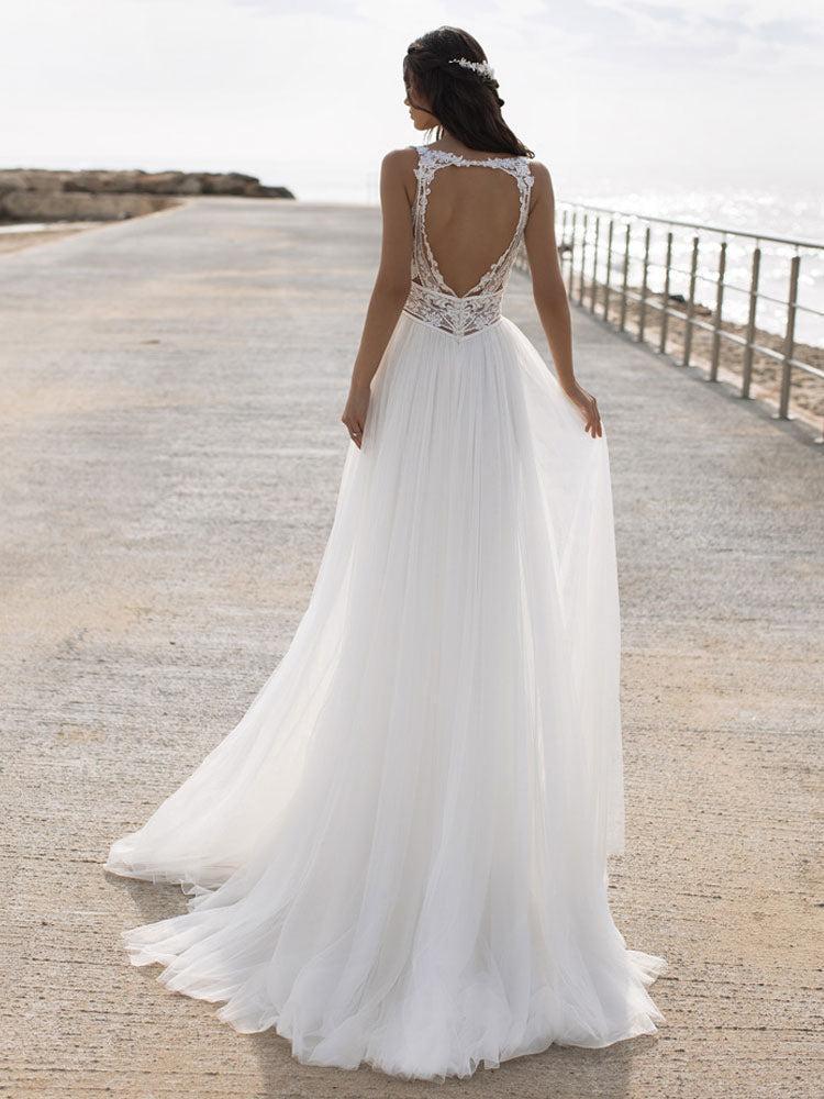 Charming V Neck A-Line Chiffon Tulle Lace Split Beach Wedding Dresses
