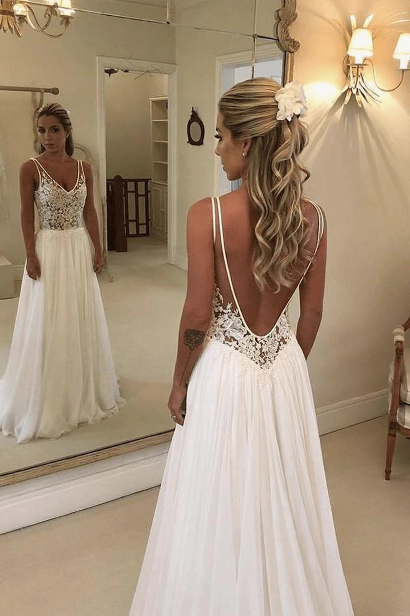 Charming V-Neck Sleeveless Wedding Dress Appliques A-Line Floor-Length Bridal Gowns