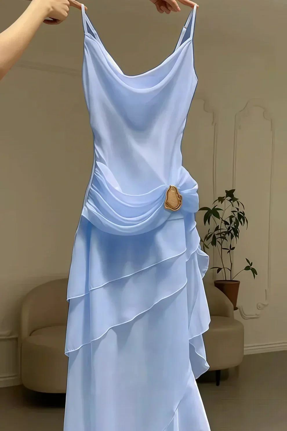 Charming A Line Spaghetti Straps Blue Prom Dress with Asymmetrical Ruffles