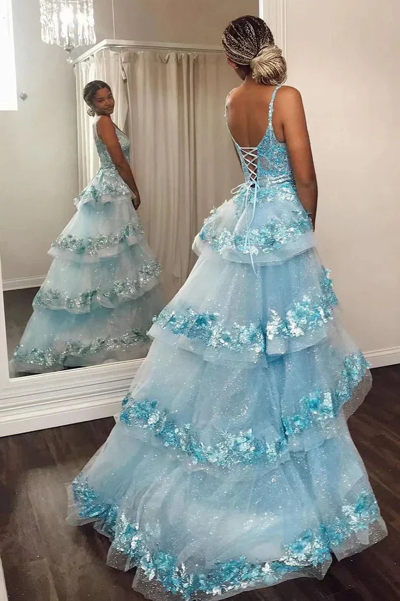 Charming A Line Spaghetti Straps Light Blue Corset Prom Dress with Appliques