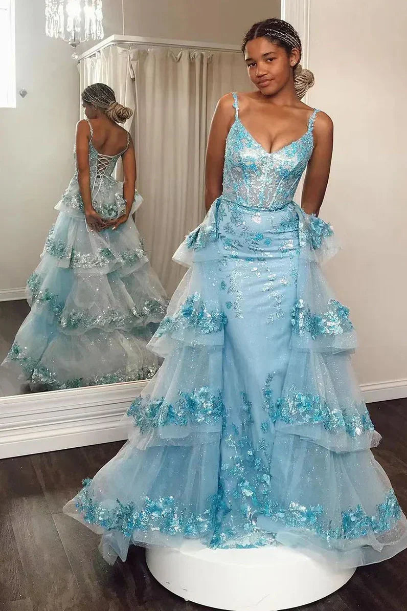Charming A Line Spaghetti Straps Light Blue Corset Prom Dress with Appliques