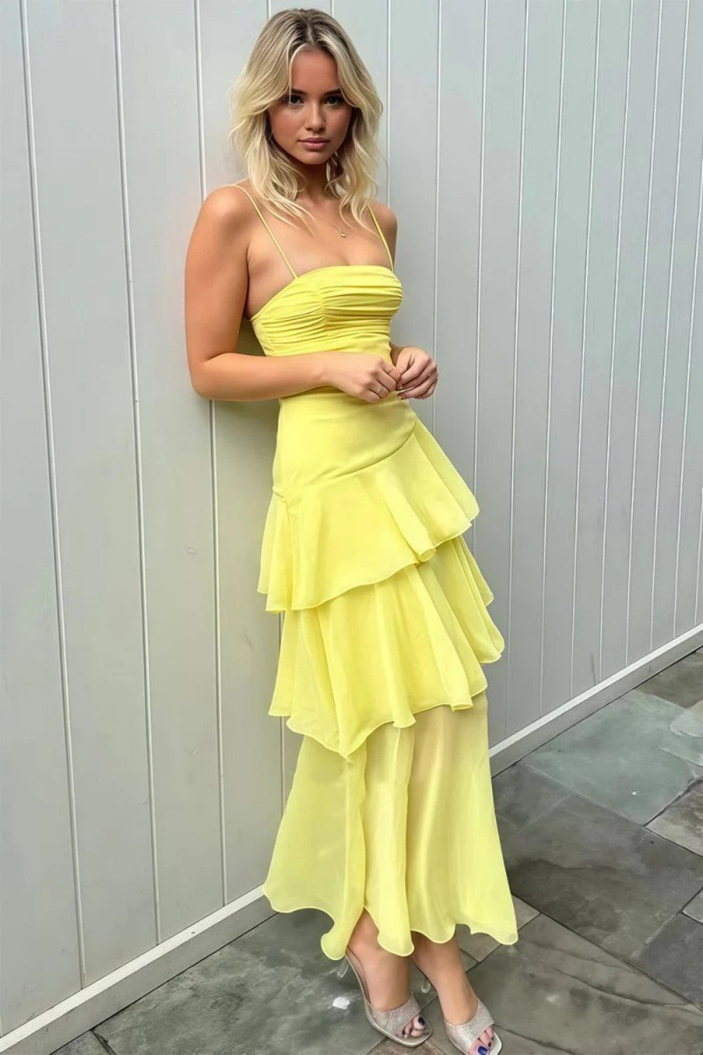 Charming A Line Spaghetti Straps Yellow Long Prom Dress with Ruffles