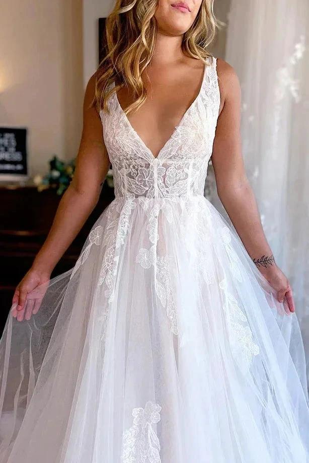 Charming A Line V Neck Tulle Beach Wedding Dresses with Appliques (ZD16153)