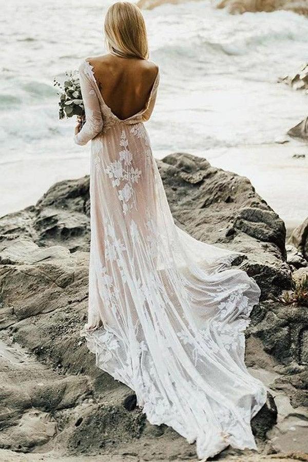 Charming Bateau Lace Long Sleeves Beach Wedding Dress (ZD15322)