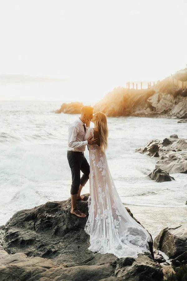 Charming Bateau Lace Long Sleeves Beach Wedding Dress (ZD15322)