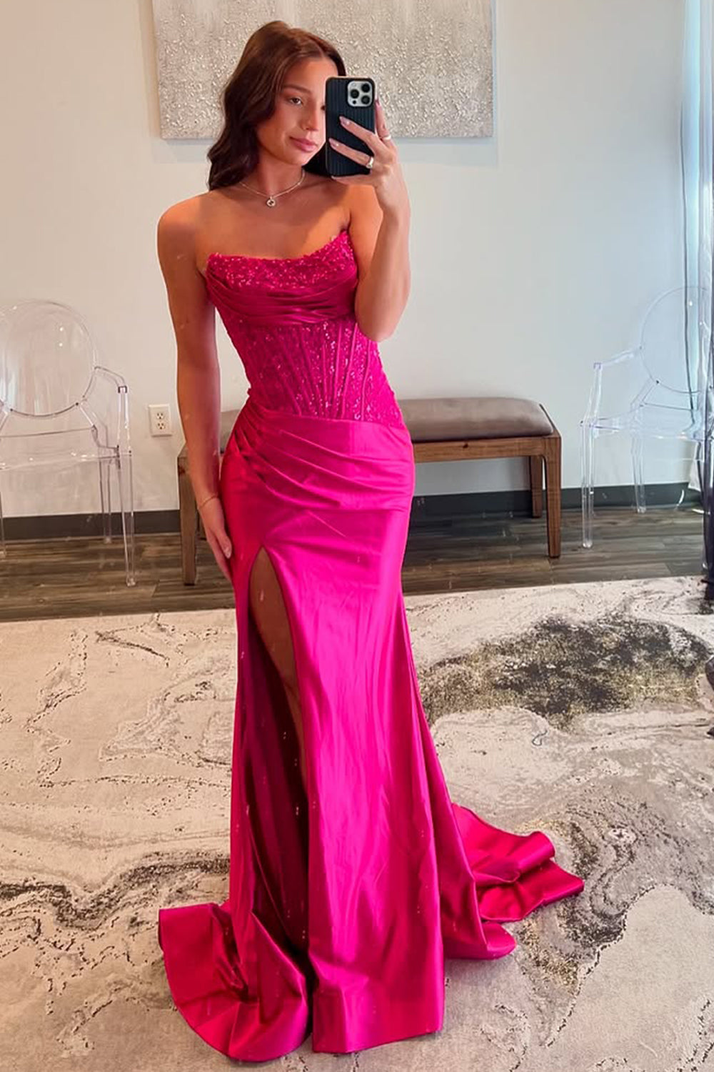 Charming Mermaid Fuchsia Strapless Lace Top Satin Prom Dress with Leg Slit - FashionDia