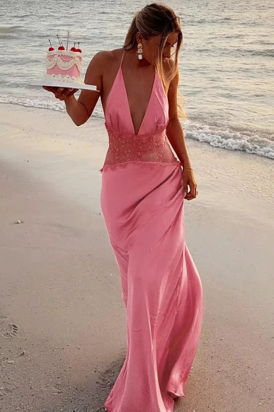 Charming Mermaid Halter Neck Candy Pink Long Prom Dress with Lace - FashionDia