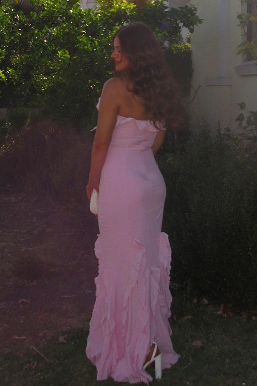 Charming Mermaid Halter Neck Pink Mermaid Long Prom Dress with Ruffles