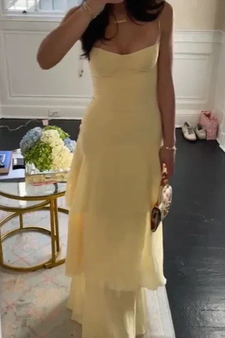 Charming Mermaid Spaghetti Straps Yellow Long Prom Dress with Ruffles