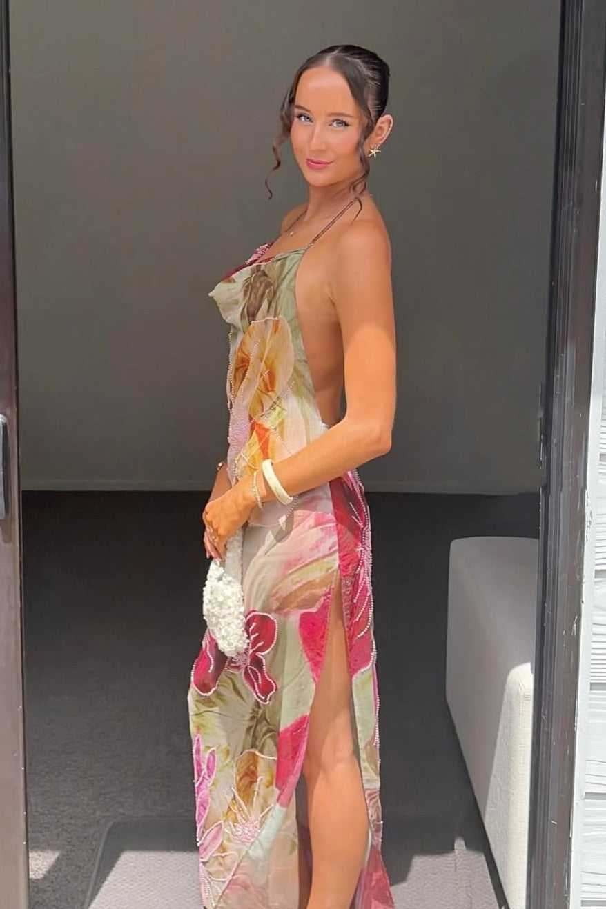 Charming Sheath Halter Neck Floral Printed Long Party Dress
