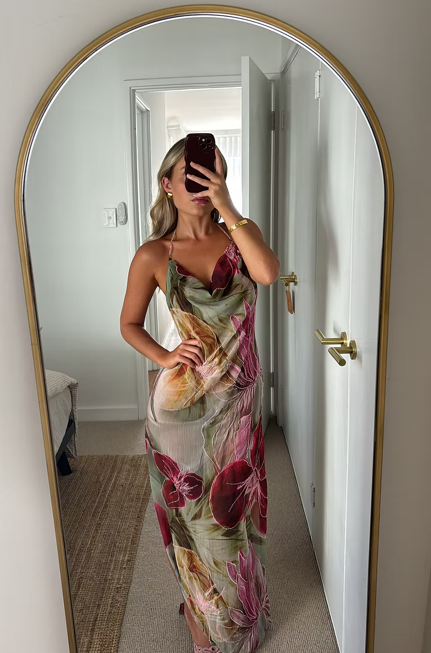 Charming Sheath Halter Neck Floral Printed Long Party Dress