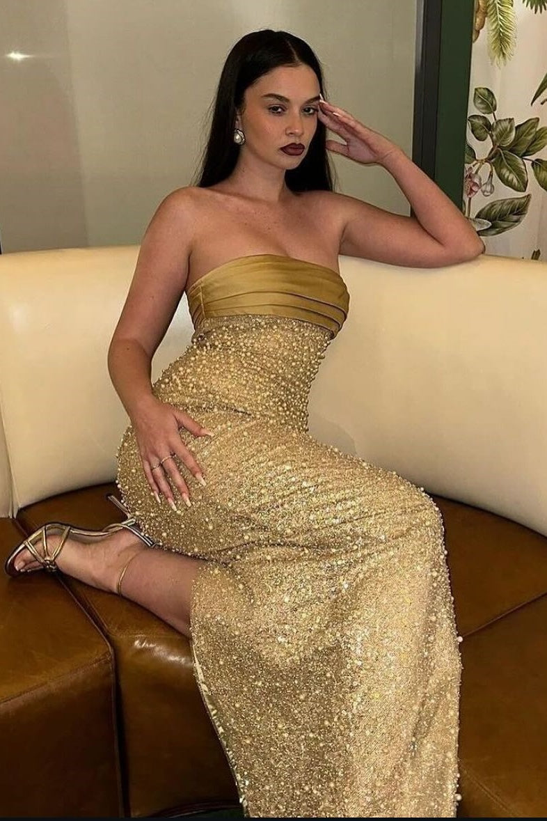 Charming Sheath Strapless Champagne Sequins Long Prom Dress with Ruched