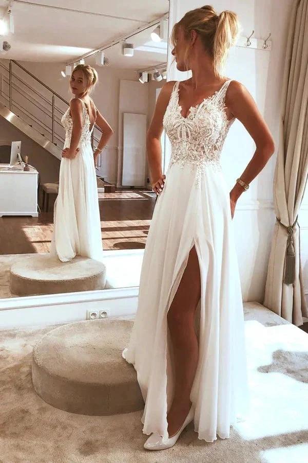 Charming Spaghetti straps Appliques Lace Split Beach Wedding Dress (ZD16390)