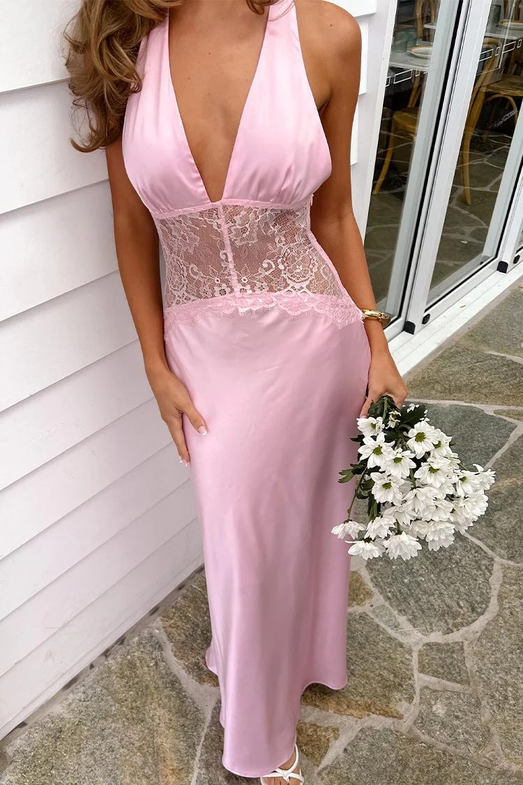 Hot Mermaid Halter Neck Light Blue Long Party Dress with Lace