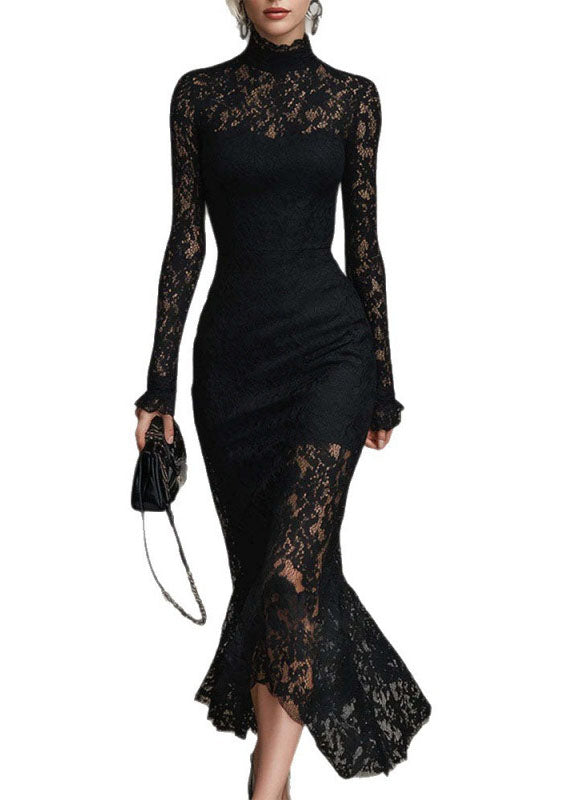 Chic Black Asymmetrical Slim Fit Lace Long Dress Fall