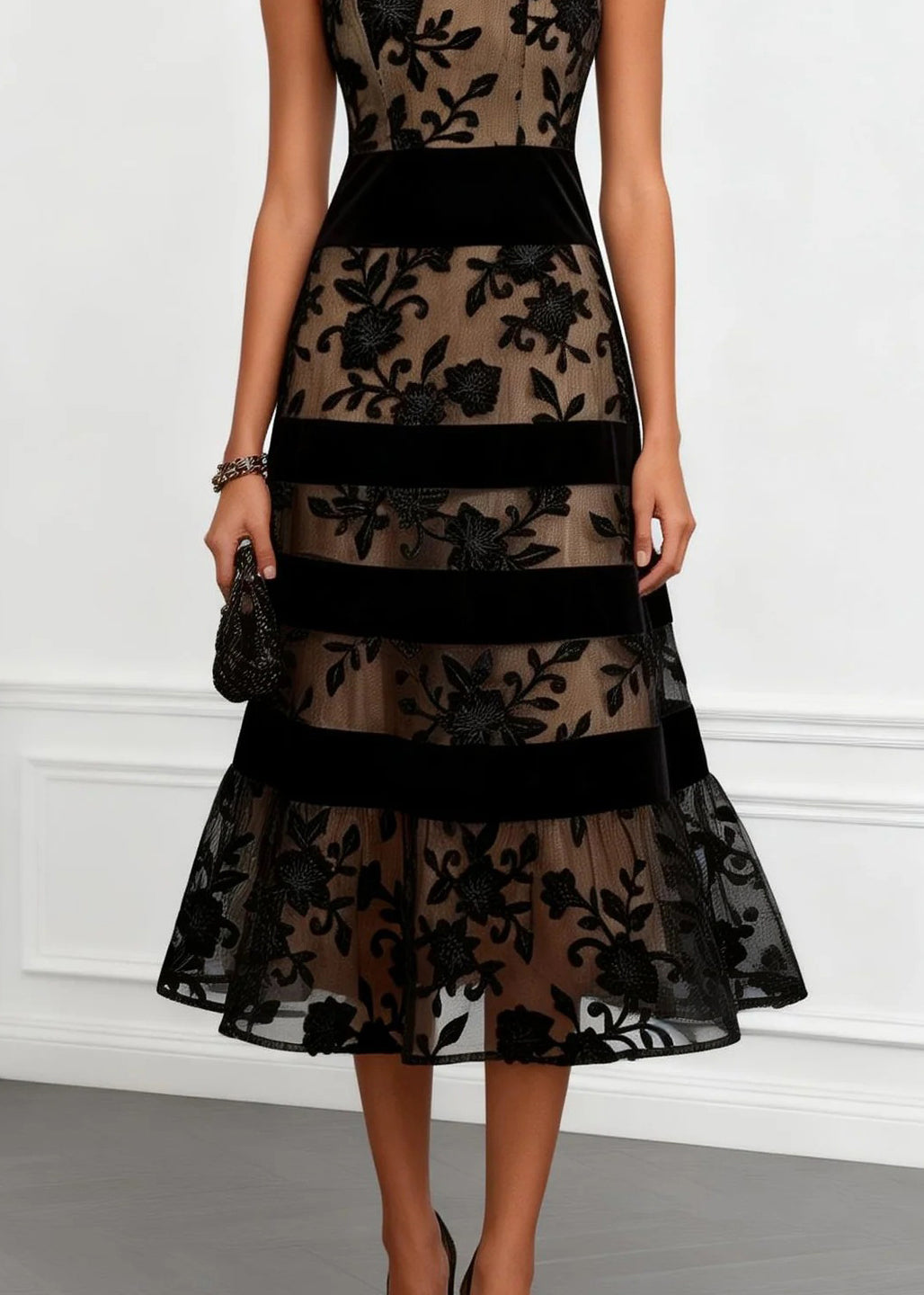 Chic Black Jacquard Patchwork Tulle Dress Sleeveless