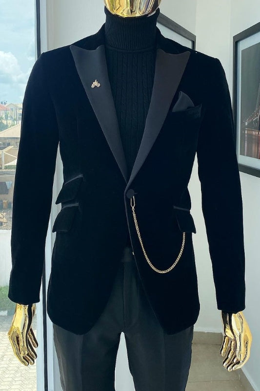 Chic Black Peaked Lapel 2 Piece Velvet Prom Suit for Men