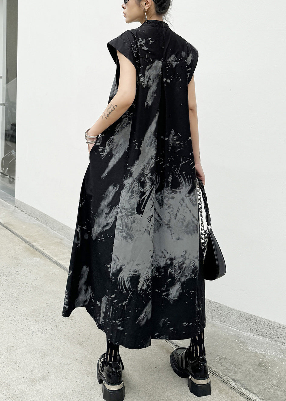 Chic Black Print Wrinkled Cotton Long Dresses Summer