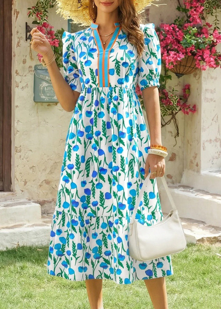 Chic Black Puff Sleeve Ruffled Print Cotton Dress