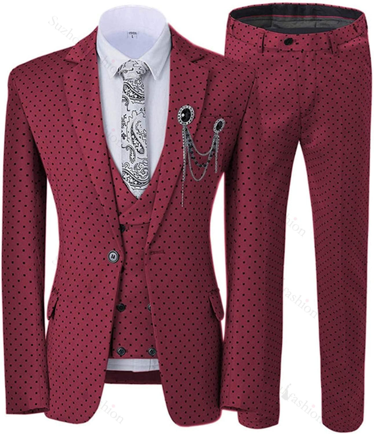 Chic Burgundy Notched Lapel 3 Piece Prom Suit with Black Dot
