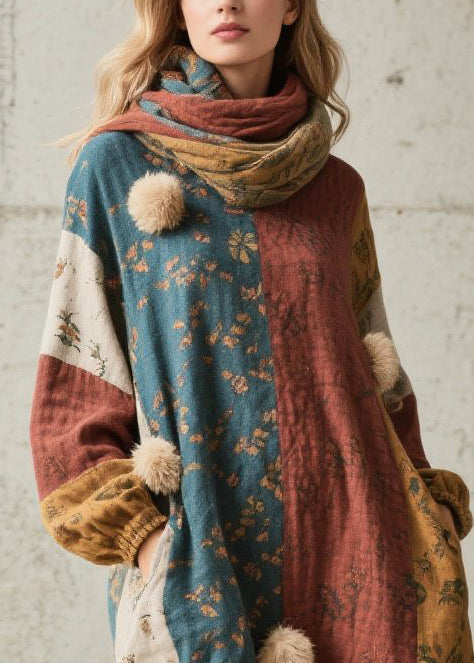 Chic Colorblock Print Fuzzy Ball Decorated Cotton Dress Fall