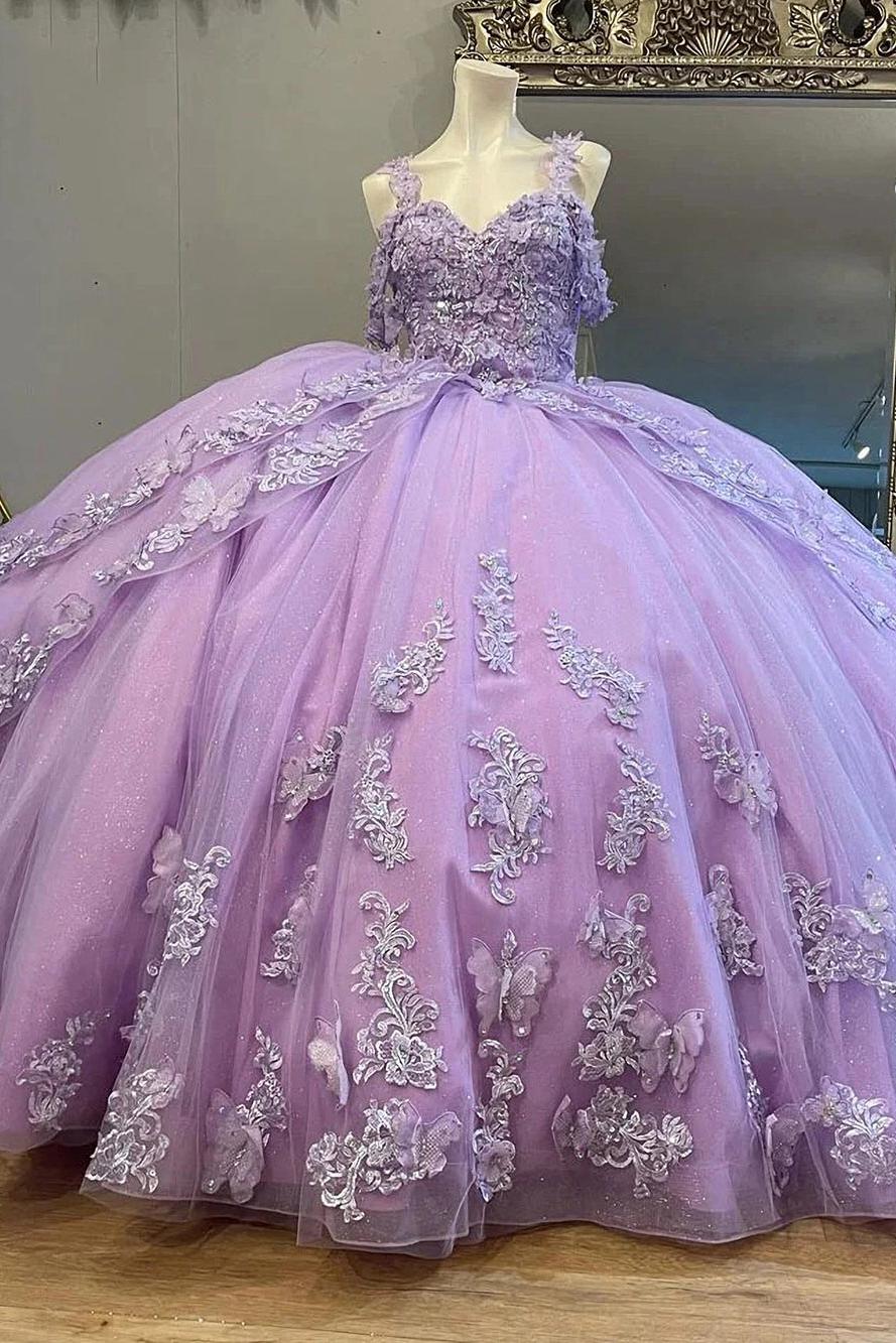Chic & Cute Ball Gown Off Shoulder Lace Applique Beaded Tiered Ruffles Lilac Tulle Quinceanera Dress Birthday Party Princess Gown For Sweet 16