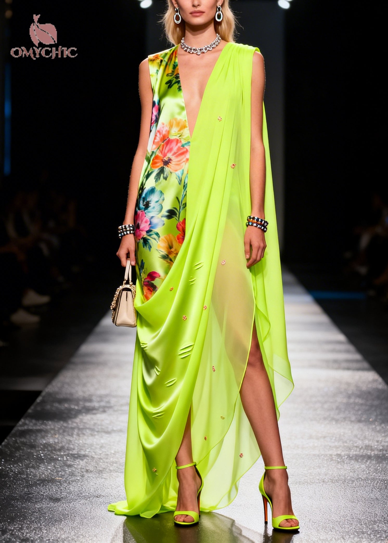 Chic Fluorescent Green Asymmetrical Print Chiffon Holiday Dress Summer