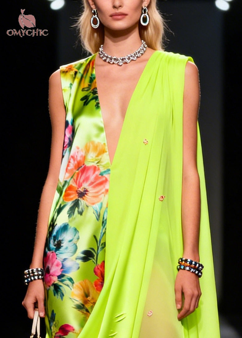 Chic Fluorescent Green Asymmetrical Print Chiffon Holiday Dress Summer