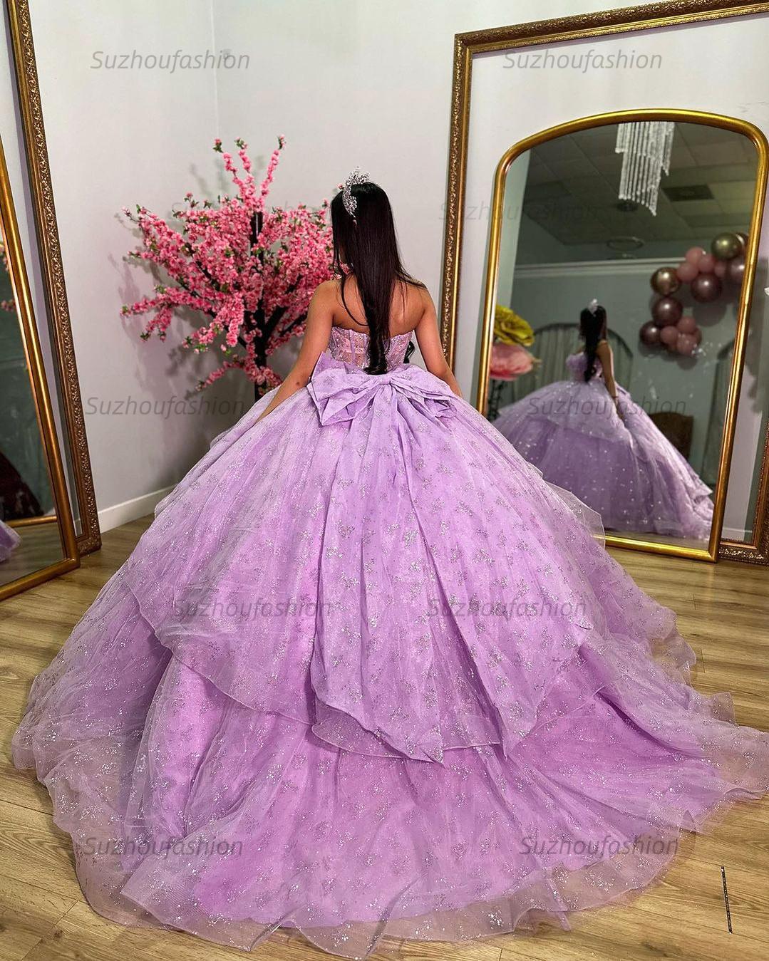 Chic & Glitter Ball Gown Strapless Tiered Bow Knot Lilac Tulle Quinceanera Dressprincess Evening Party Gown For Sweet 16