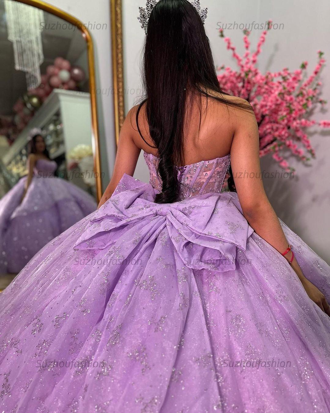 Chic & Glitter Ball Gown Strapless Tiered Bow Knot Lilac Tulle Quinceanera Dressprincess Evening Party Gown For Sweet 16