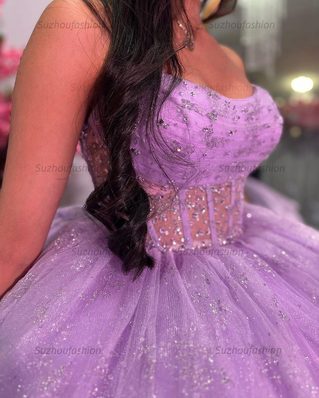 Chic & Glitter Ball Gown Strapless Tiered Bow Knot Lilac Tulle Quinceanera Dressprincess Evening Party Gown For Sweet 16