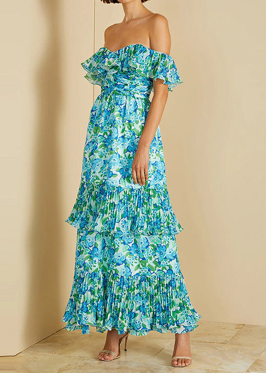 Chic Green Cold Shoulder Ruffled Print Chiffon Vacation Dresses Summer