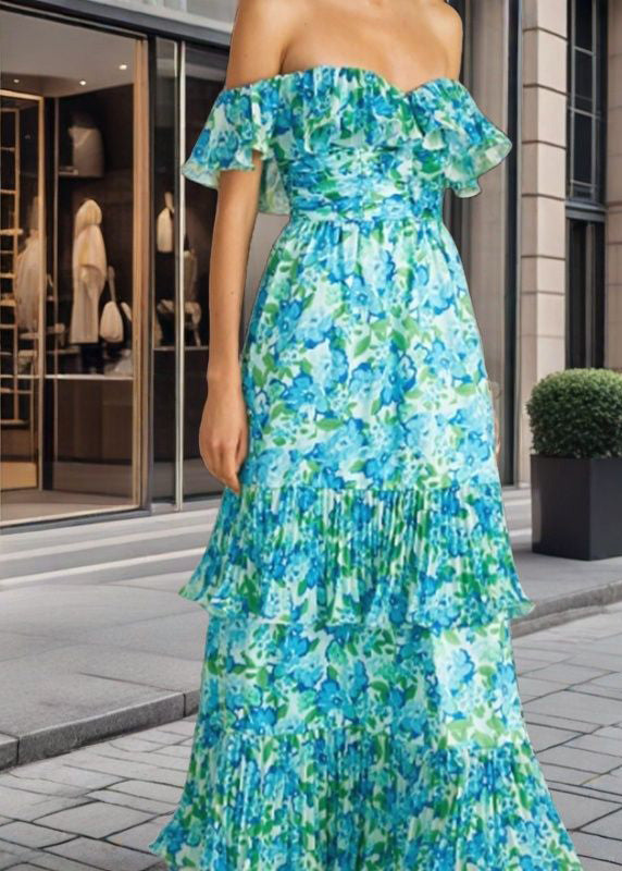 Chic Green Cold Shoulder Ruffled Print Chiffon Vacation Dresses Summer