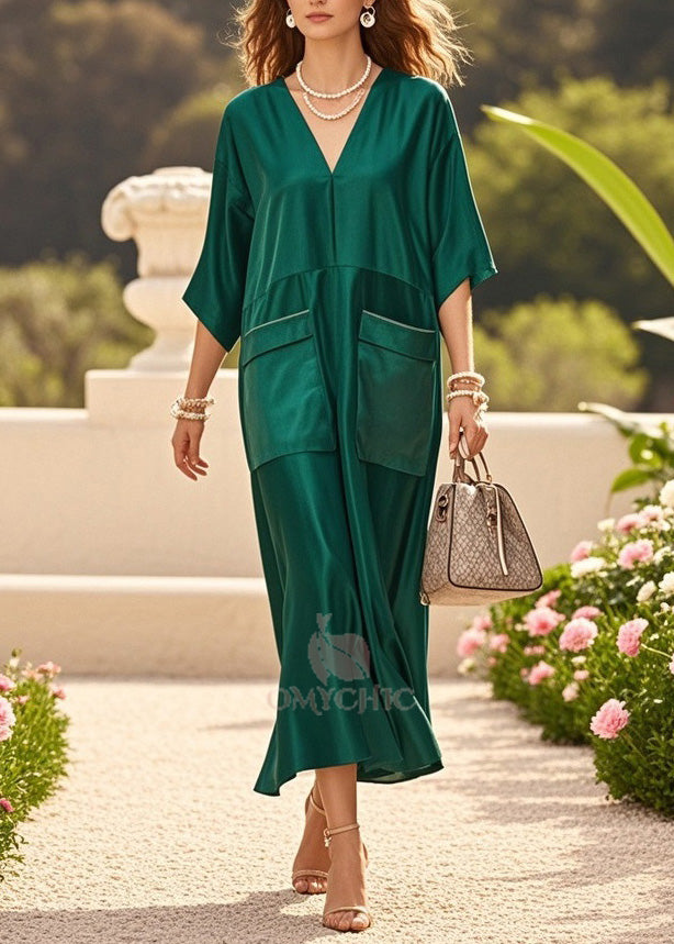 Chic Green V Neck Pockets Patchwork Silk Dresses Summer