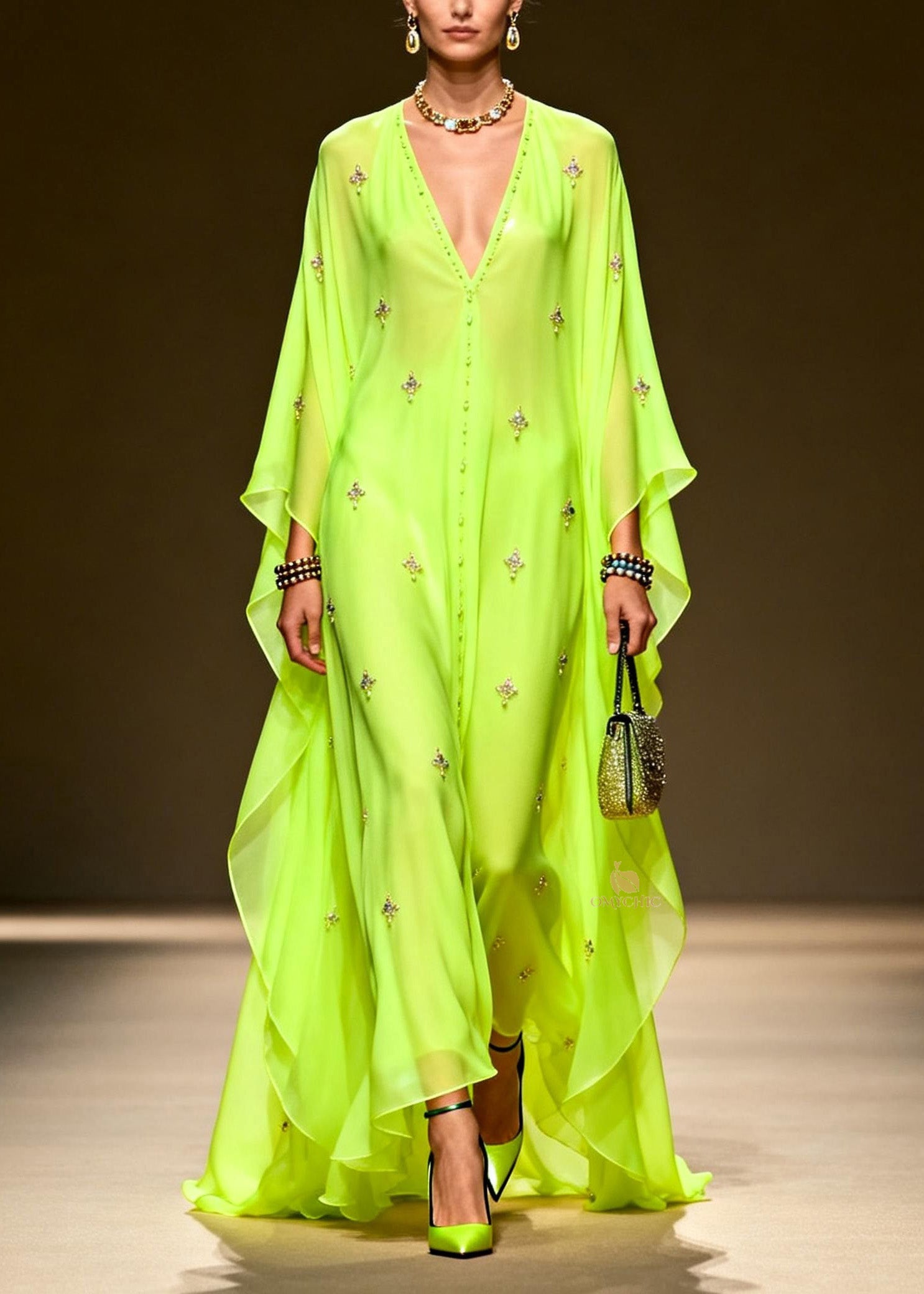 Chic Green V Neck Zircon Chiffon Maxi Dress Spring