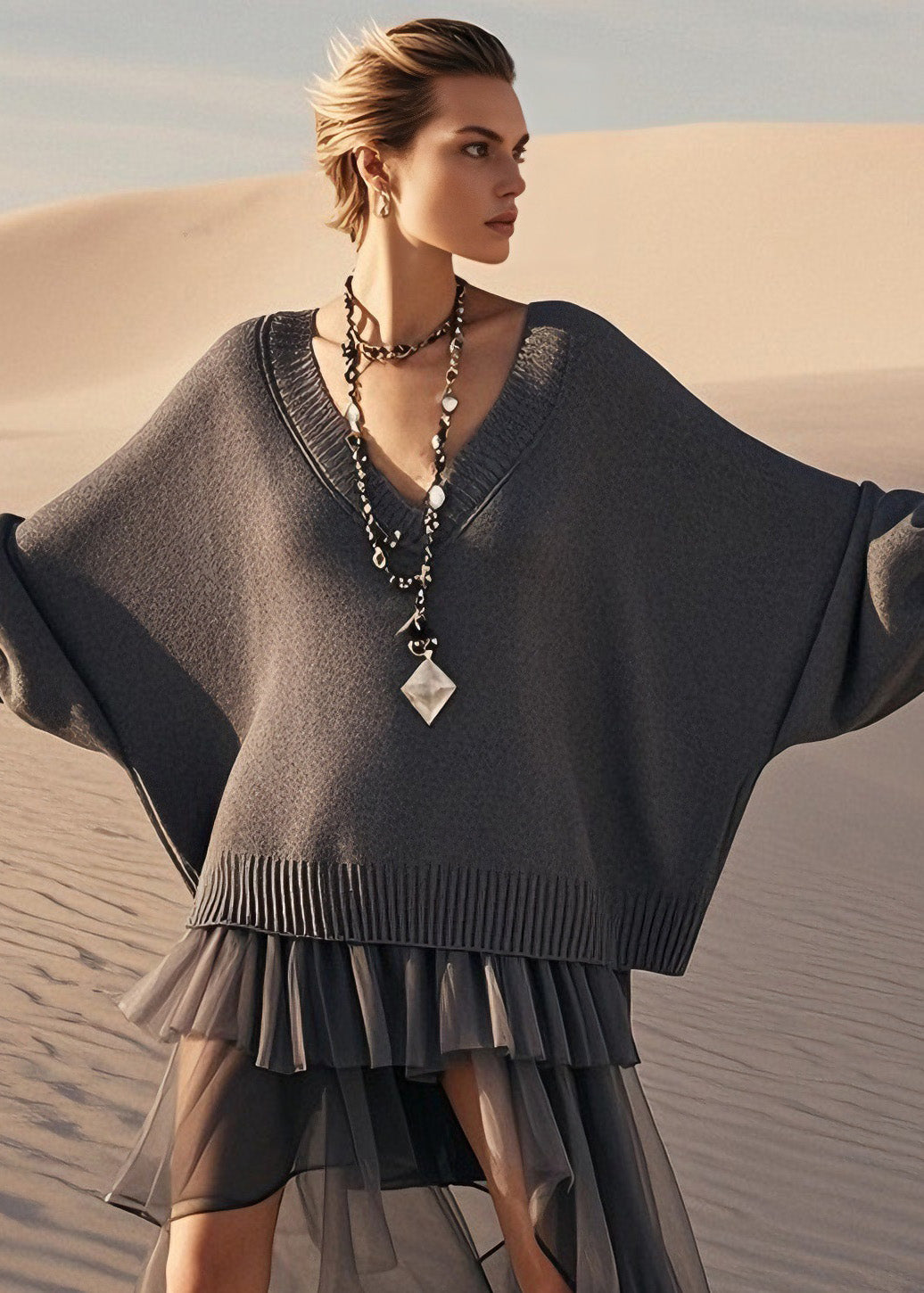 Chic Grey V Neck Tulle Wrinkled Patchwork Knit Sweater Dress Spring