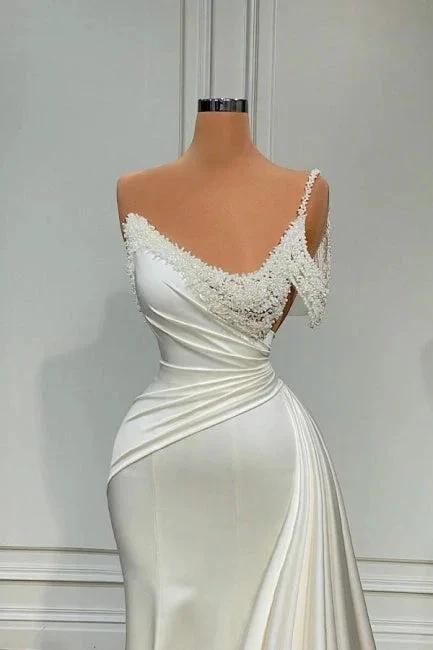 Chic Long Ivory Mermaid One Shoulder Sleeveless Wedding Dress with Pearls (ZD15608)