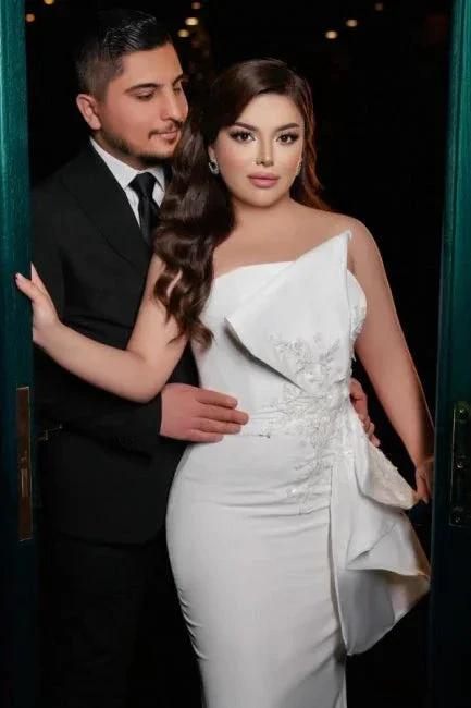 Chic Long Mermaid Simple Satin Strapless Wedding Dress With Lace (ZD15615)