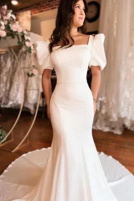 Chic Long Mermaid Square Neck Satin Backless Wedding Dress With Short Sleeves (ZD15604)