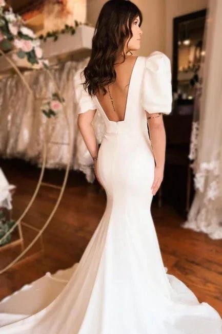Chic Long Mermaid Square Neck Satin Backless Wedding Dress With Short Sleeves (ZD15604)