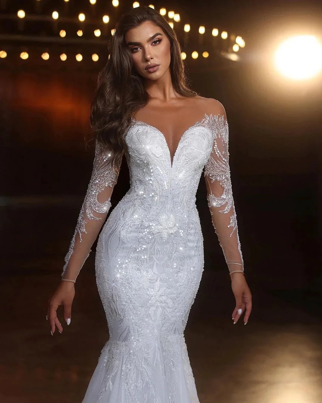 Chic Long White Mermaid Lace Beading Tulle Long Sleeves Wedding Dress (ZD15673)