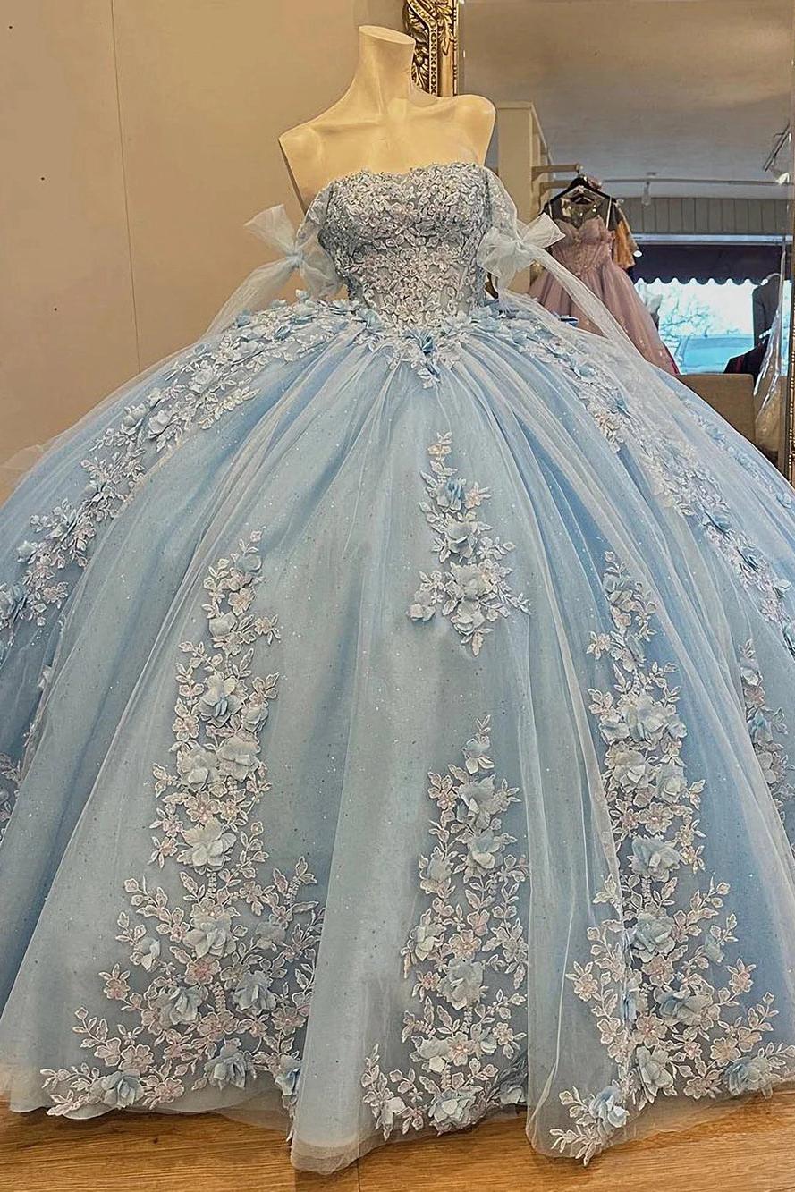 Chic & Modern Ball Gown Off Shoulder Bow Knot 3D Flower Lace Appliques Beaded Sky Blue Tulle Quinceanera Dress Birthday Party Gown For Sweet 16