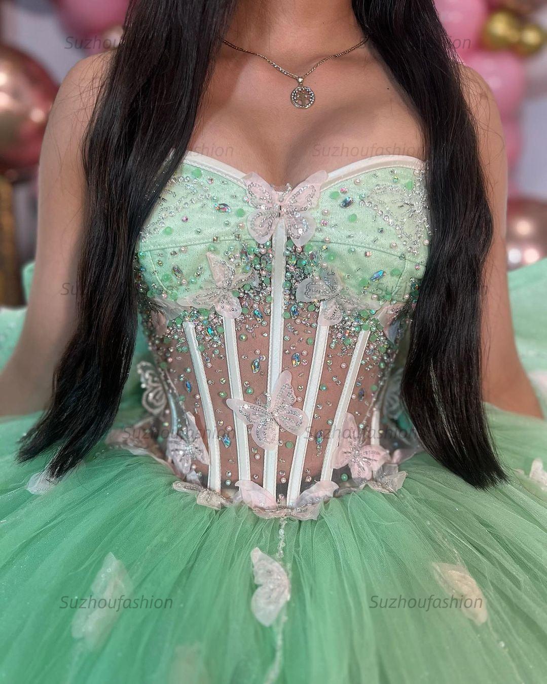 Chic & Modern Ball Gown Sweetheart Neck 3D Butterfly Appliques Bow Knot Mint Green Tulle Princess Evening Party Gown Quinceanera Dress For Sweet 16
