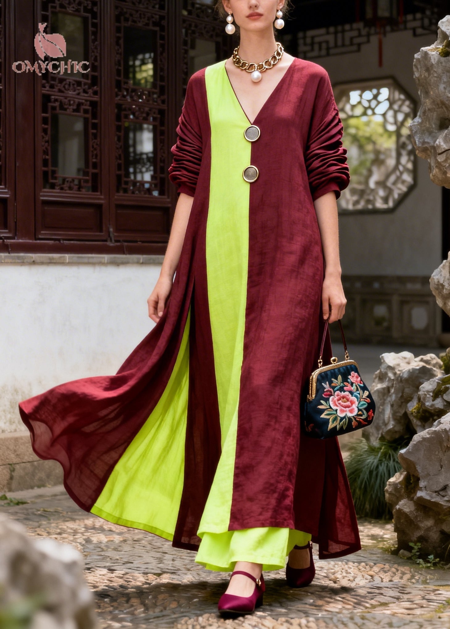 Chic Mulberry Asymmetrical Patchwork Cotton Maxi Dresses Fall
