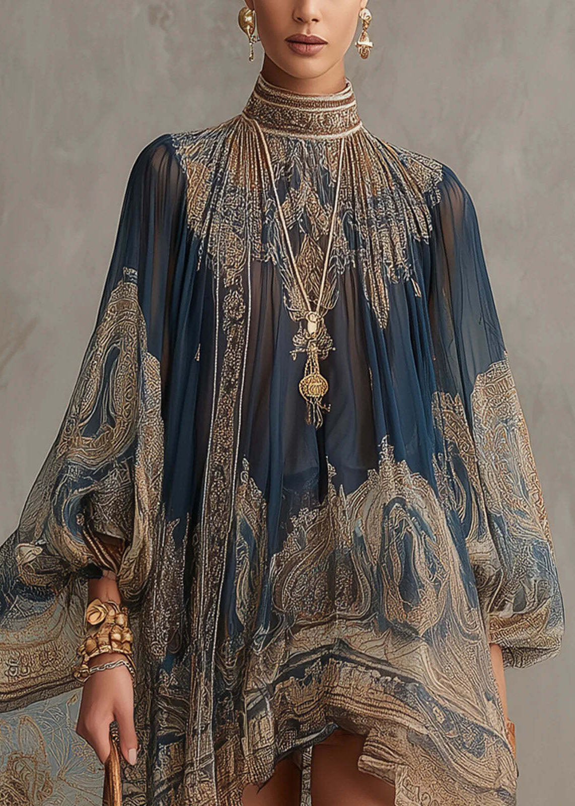 Chic Navy Hign Neck Print Chiffon Vacation Dresses Summer