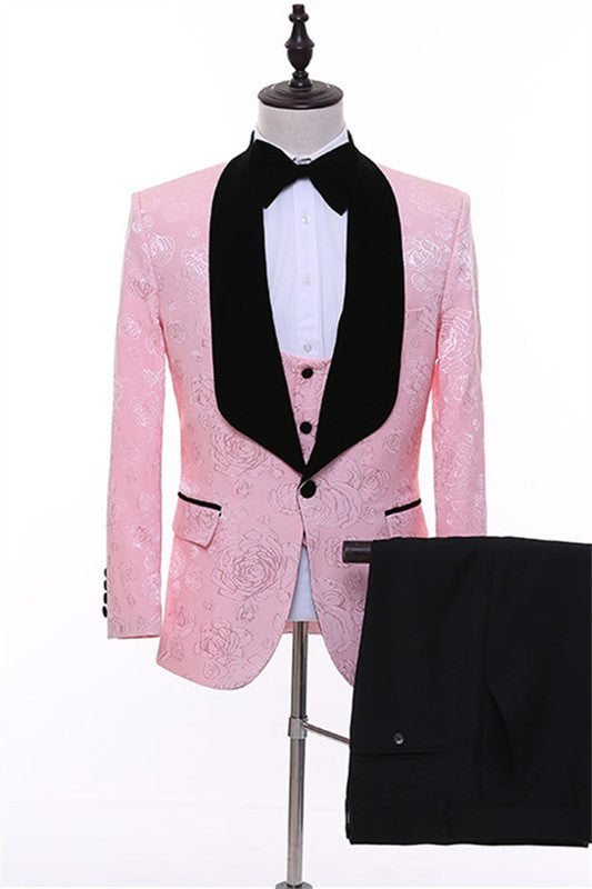 Chic Pink 3 Piece Shawl Lapel Jacquard Men's Wedding Suit