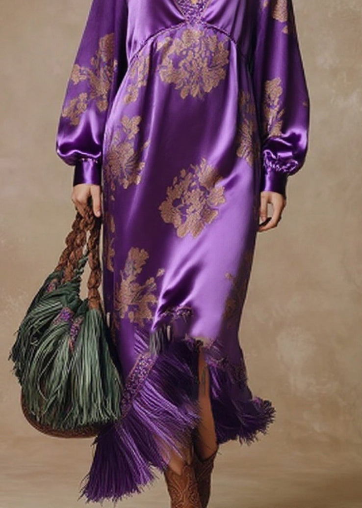 Chic Purple Tasseled Print High Waist Silk Dresses Spring