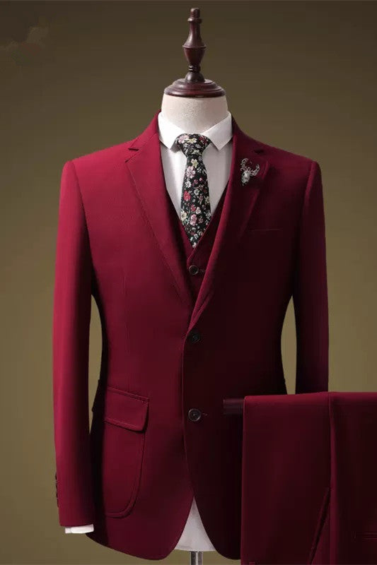 Chic Red 3 Piece Notched Lapel Prom Suit for Men