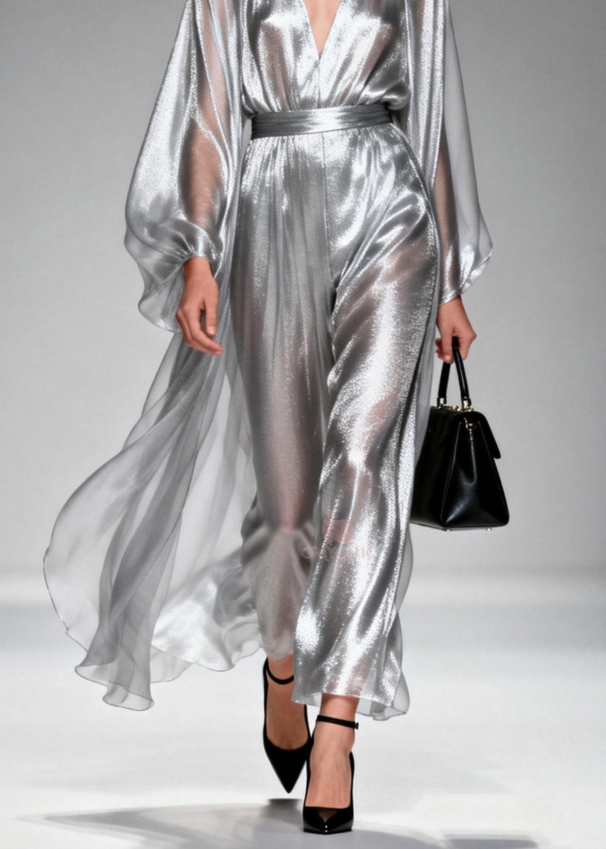 Chic Silver V Neck Silk Long Dresses Spring